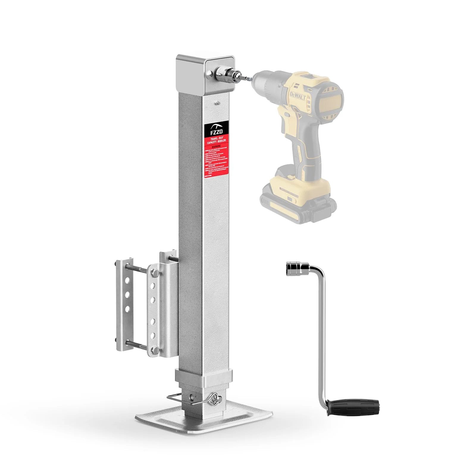 8000 lbs Heavy Duty Trailer Jack, 20-24V Cordless Drill Compatible, 28.6" Lift shown with drill and manual handle