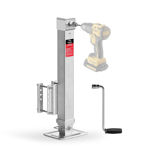 8000 lbs Heavy Duty Trailer Jack, 20-24V Cordless Drill Compatible, 28.6" Lift shown with drill and manual handle