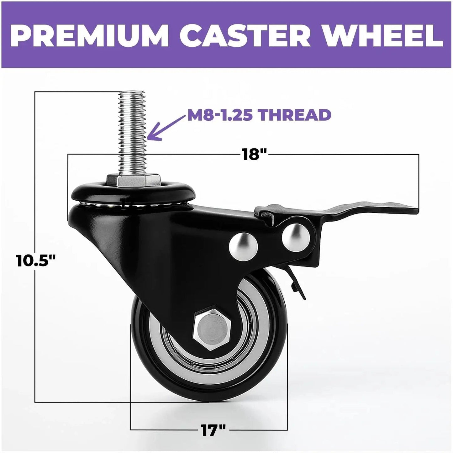 Keyboard Stand Caster Wheels Set Of 4 Replacement Locking Heavy Duty Wheels With Brake For Piano Stands And Keyboard Stands MS1078 MS1080 Caster Replacement Parts And Accessories And Repair Kit premium wheel dimensions with M8-1.25 thread, 18-inch stem, 10.5-inch wheel height.