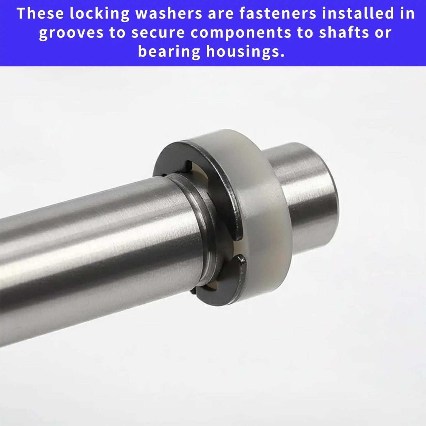 E clip retaining ring from 1100 Piece E Clip Retaining Rings Set securing component on metal shaft, industrial use visible.