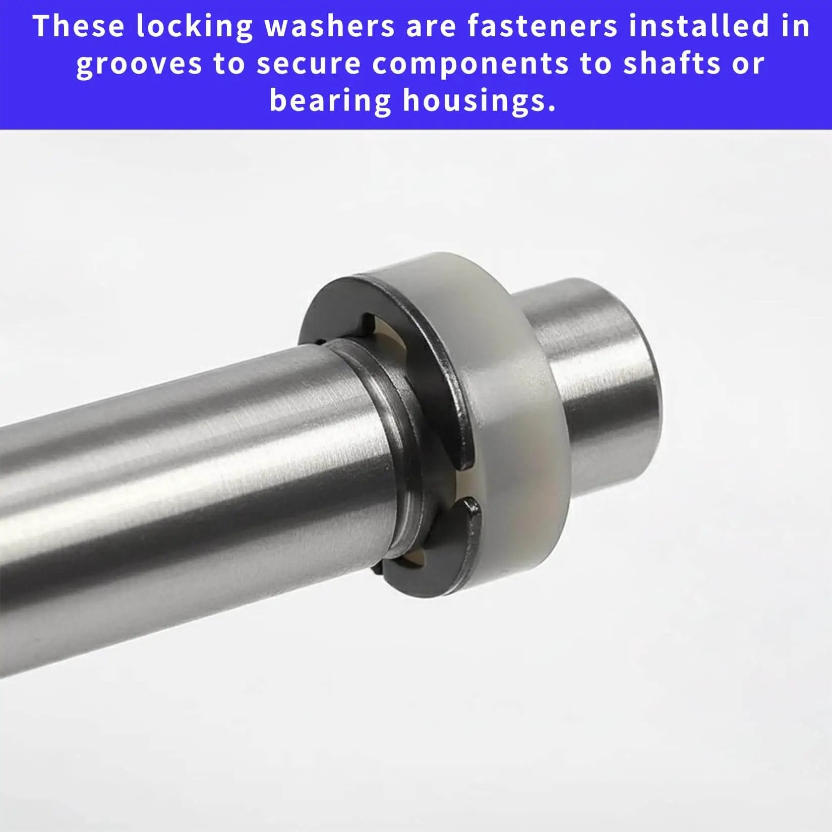 E clip retaining ring from 1100 Piece E Clip Retaining Rings Set securing component on metal shaft, industrial use visible.