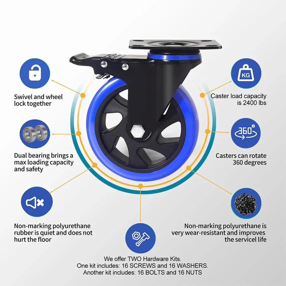 Diagram of 5 Inch Caster Wheels Set Of 4 Heavy Duty With Dual Locking Brakes and Quiet Polyurethane Foam Wheels, showcasing features and benefits.