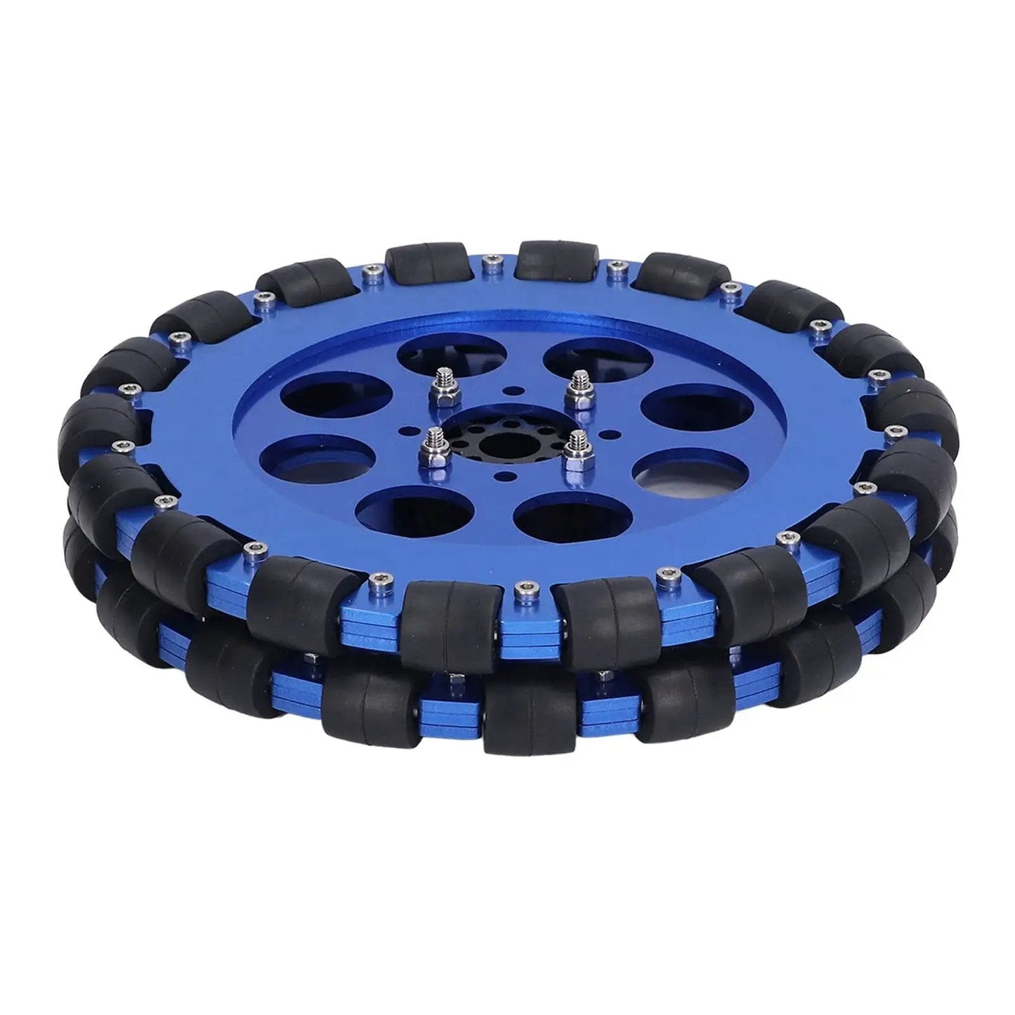 8 Inch Two Wheel Omni Wheel Set With Aluminum Hub visible in a side view, showcasing smooth 360 degree movement design with dual bearings.