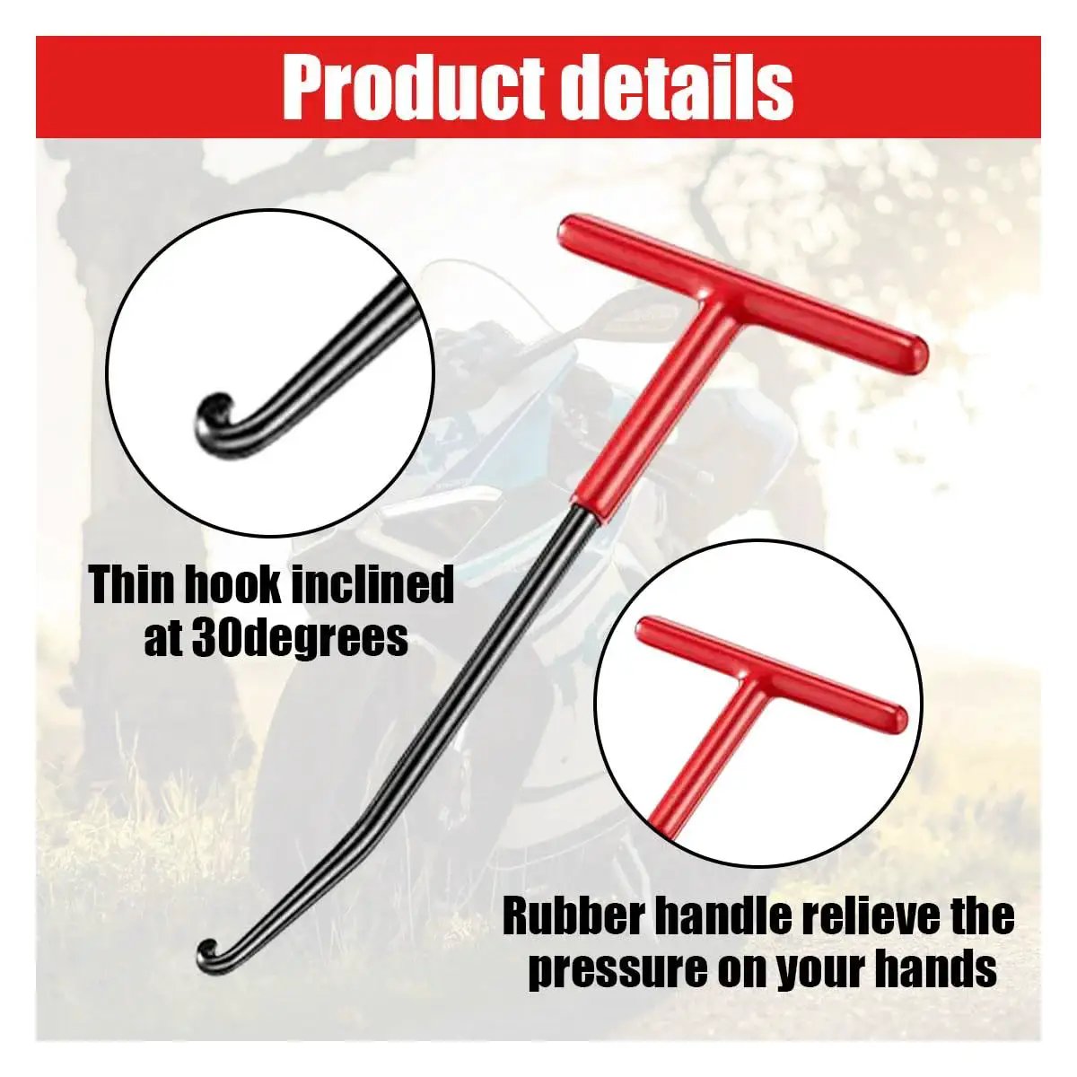 Motorcycle Exhaust Spring Hook T Handle Rubber Coated Puller Tool with 30-degree hook and red rubber handle, detailed view