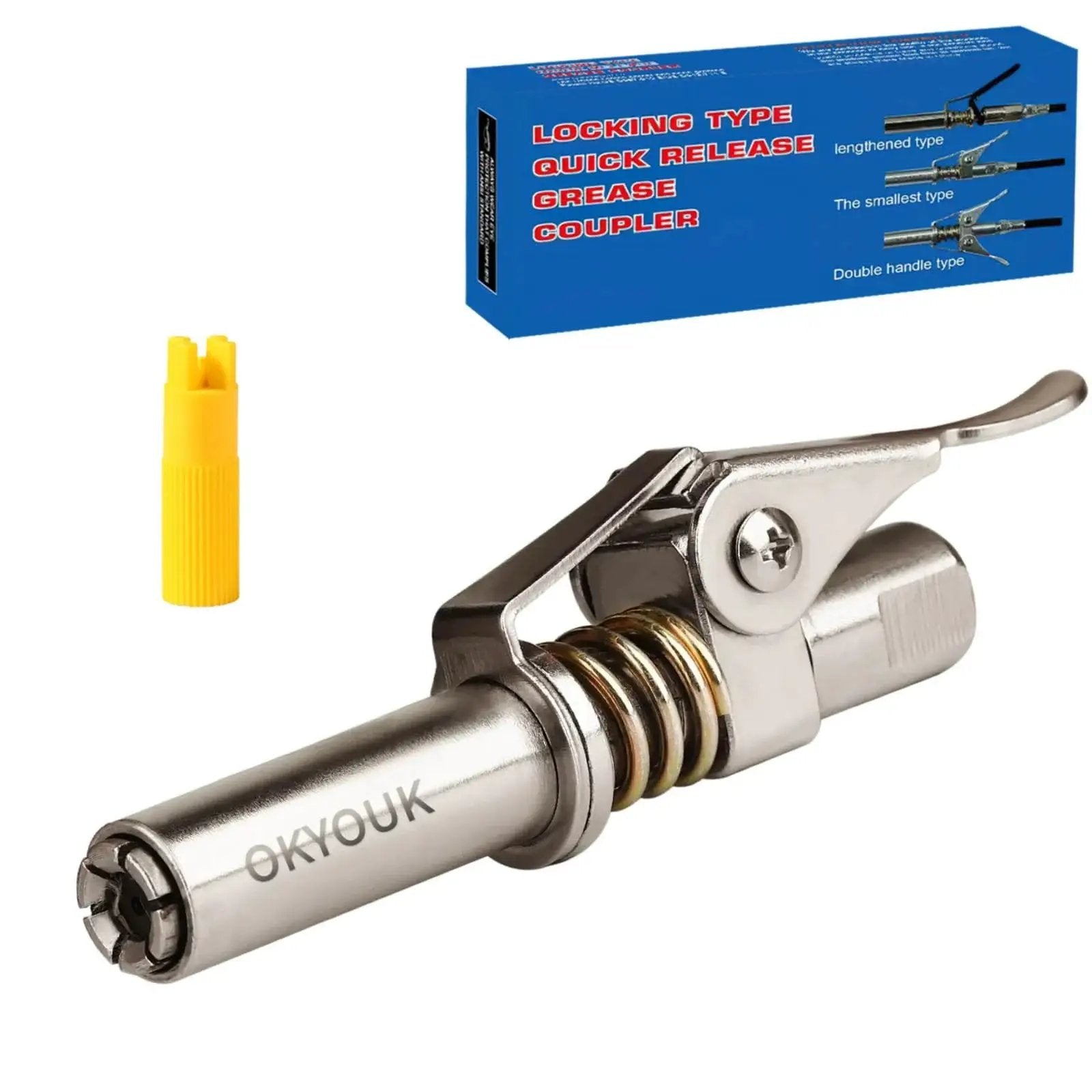 Worlds Smallest Grease Gun Coupler For Tight Spaces With 0.53 Inch Diameter High Pressure Quick Release Tip Fits All 1/8 NPT Manual And Electric Grease Guns OKYOUK Recessed Zerks Compatible Durable Locking And Smooth Release with yellow cleaner and packaging