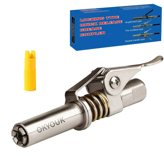 Worlds Smallest Grease Gun Coupler For Tight Spaces With 0.53 Inch Diameter High Pressure Quick Release Tip Fits All 1/8 NPT Manual And Electric Grease Guns OKYOUK Recessed Zerks Compatible Durable Locking And Smooth Release with yellow cleaner and packaging