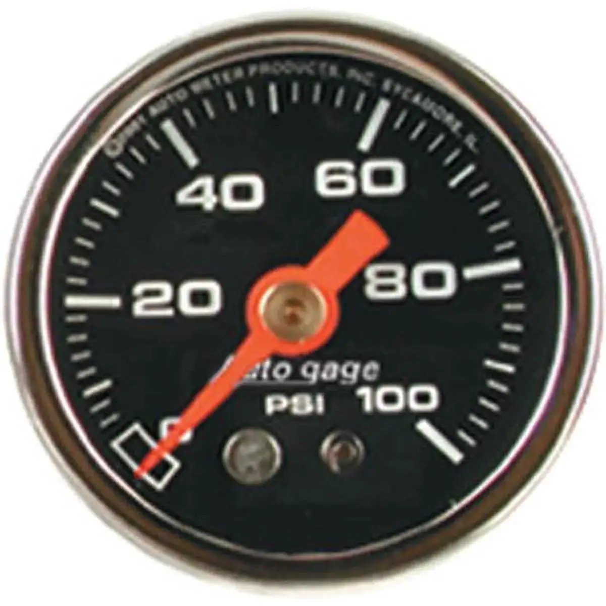 Front view of Autogage Fuel Pressure Gauge 2174 for Car Dash Black Face with smooth liquid dampened movement and 1/8 inch NPT back fitting.