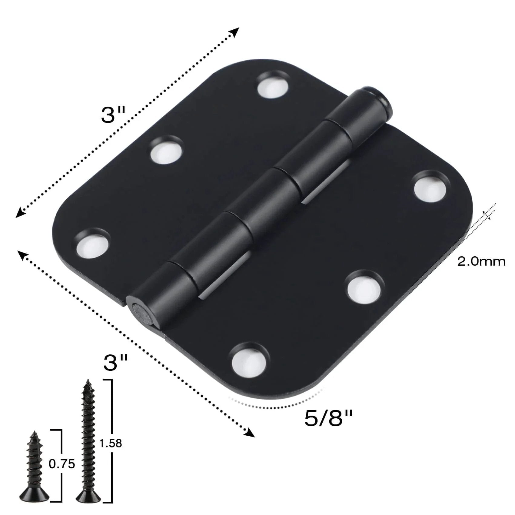 Six Pack Three Inch Matte Black Interior Door Hinges With Rounded Edges Five Eighth Inch Radius, Heavy Duty Iron Hardware