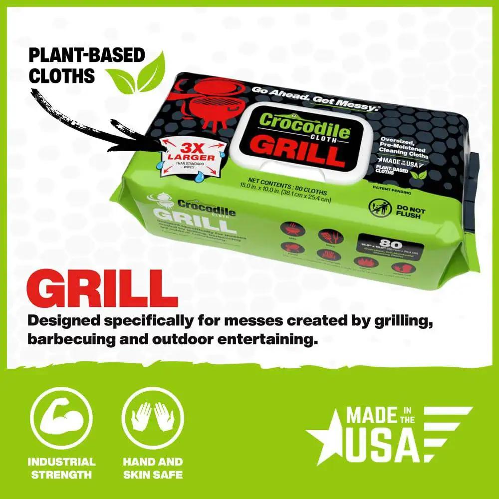 Plant Based Grill Cleaning Wipes Aloe And Vitamin E Safe On Surfaces Large 15X10 packaging with product features highlighted.
