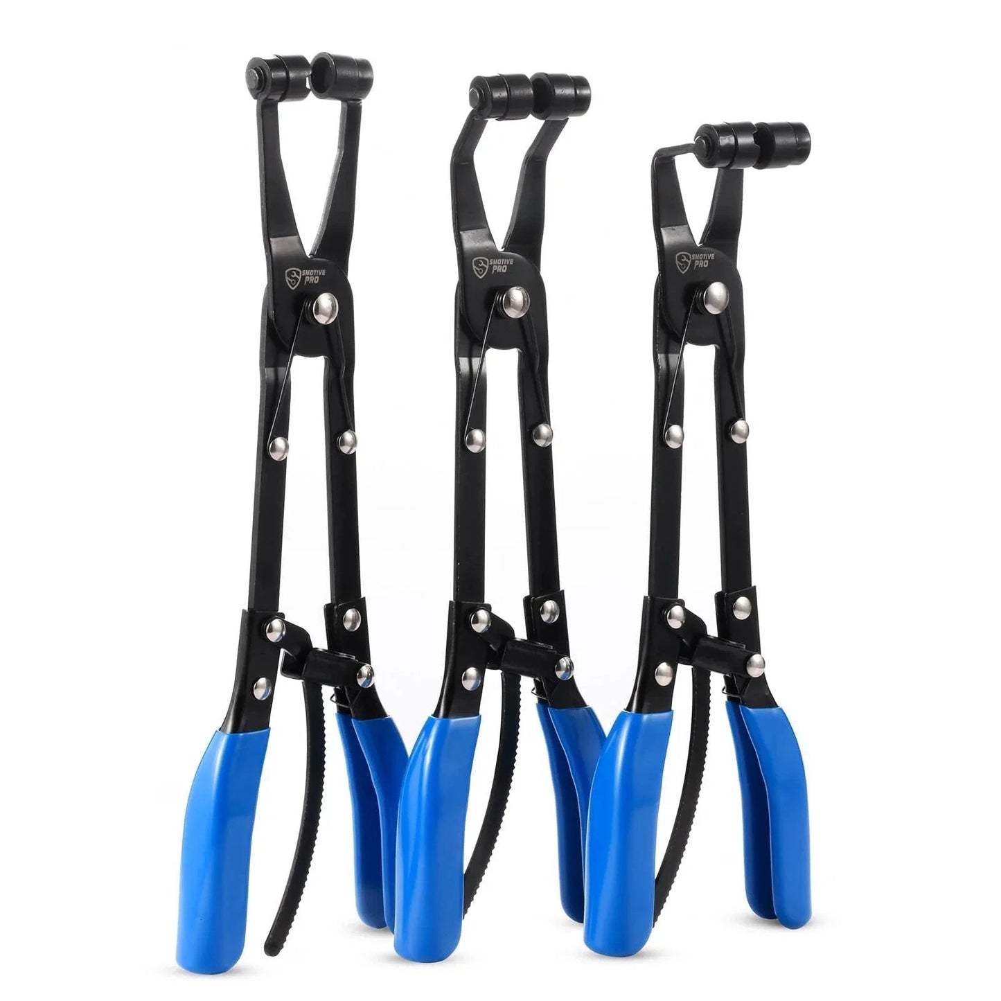Three Piece Hose Clamp Pliers Set With Locking Assist Featuring 45 Degree 90 Degree And Straight Heads Rotatable Clamp Jaw