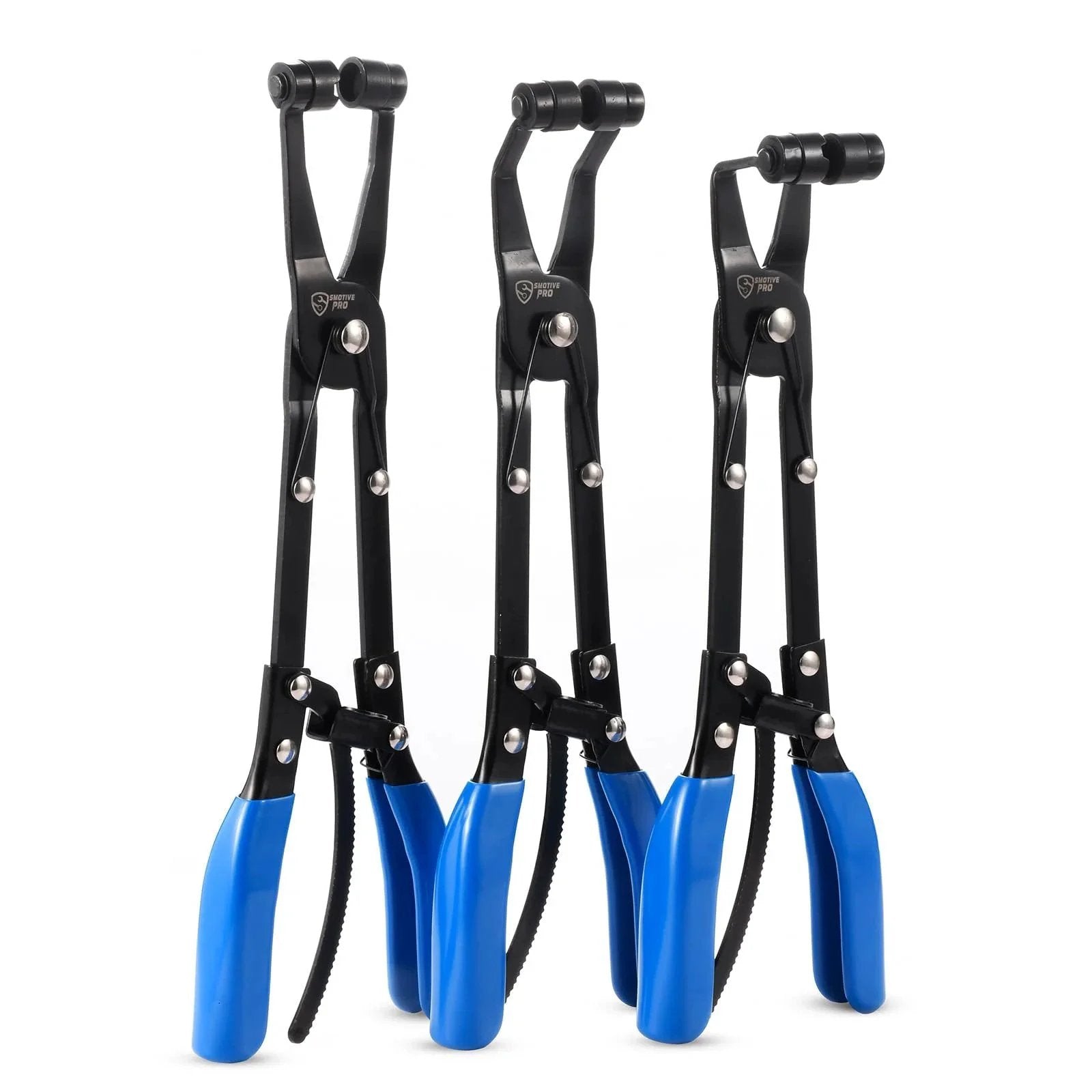 Three Piece Hose Clamp Pliers Set With Locking Assist Featuring 45 Degree 90 Degree And Straight Heads Rotatable Clamp Jaw