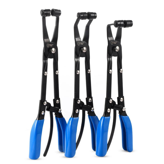 Three Piece Hose Clamp Pliers Set With Locking Assist Featuring 45 Degree 90 Degree And Straight Heads Rotatable Clamp Jaw