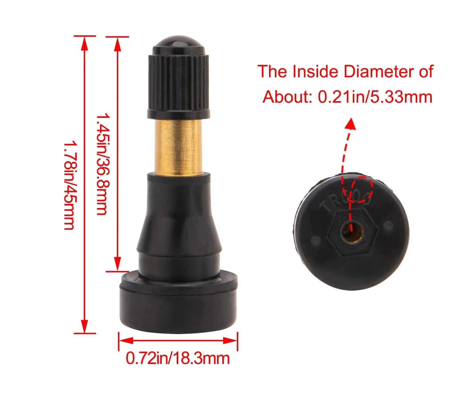 Front and top view of High Pressure Tire Valve Stems Heavy Duty Brass Rubber Snap In Valve Stems 100 Pack Ozone Tested