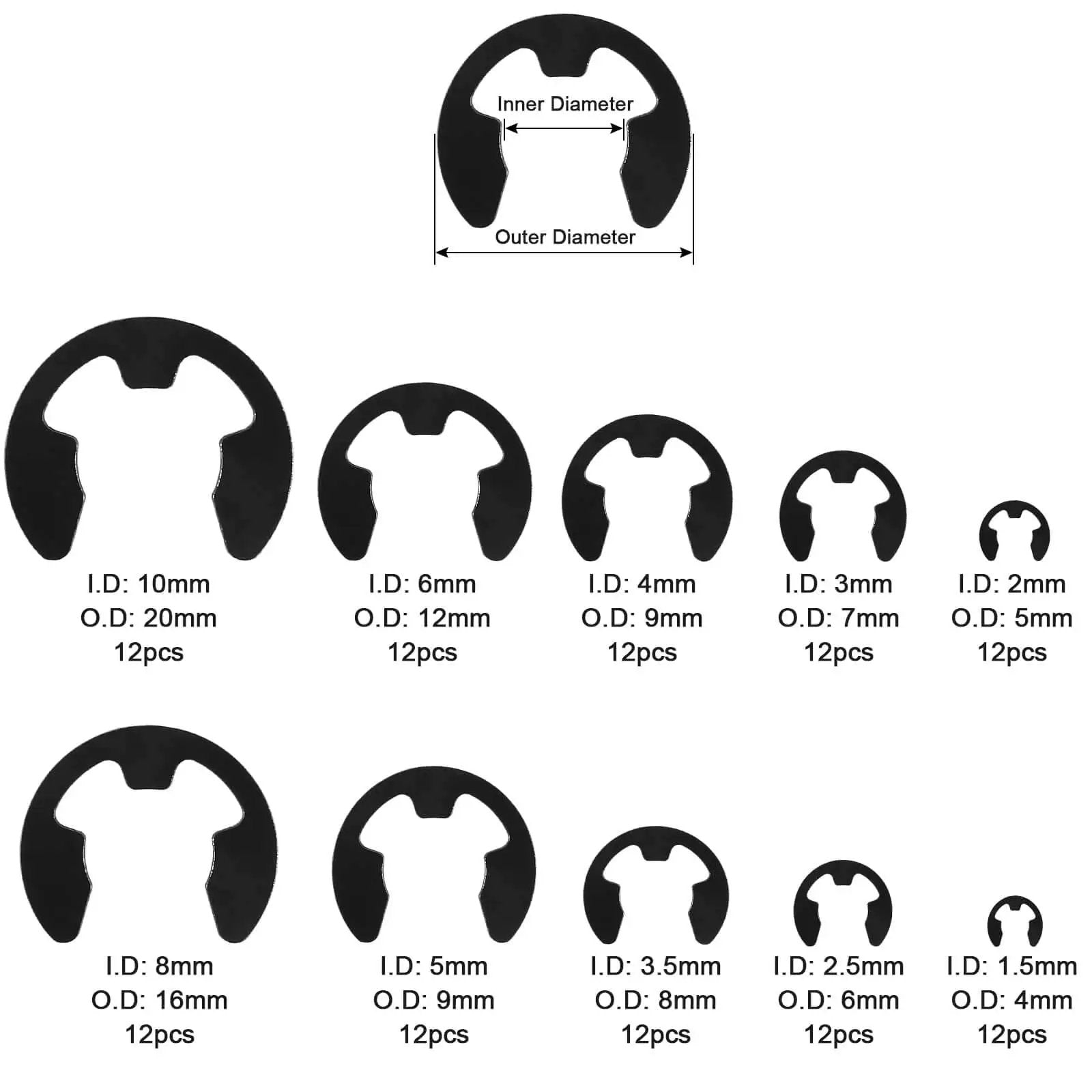 Essential E Clip Assortment Kit For Bearings Gears Pulleys And Shafts With 10 Sizes From 1.5mm To 10mm External Retaining Rings