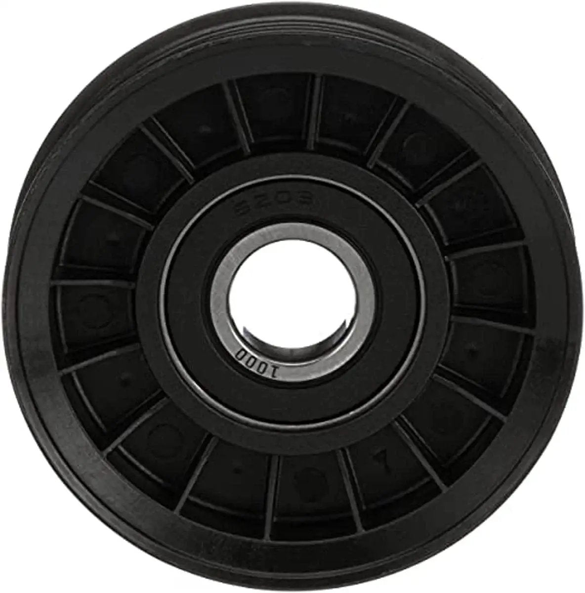 Front view of Beefy Belt Drive Idler And Tensioner Pulley For Cars Trucks And SUVs With Steel And Thermoplastic Construction Built To Last Dirt