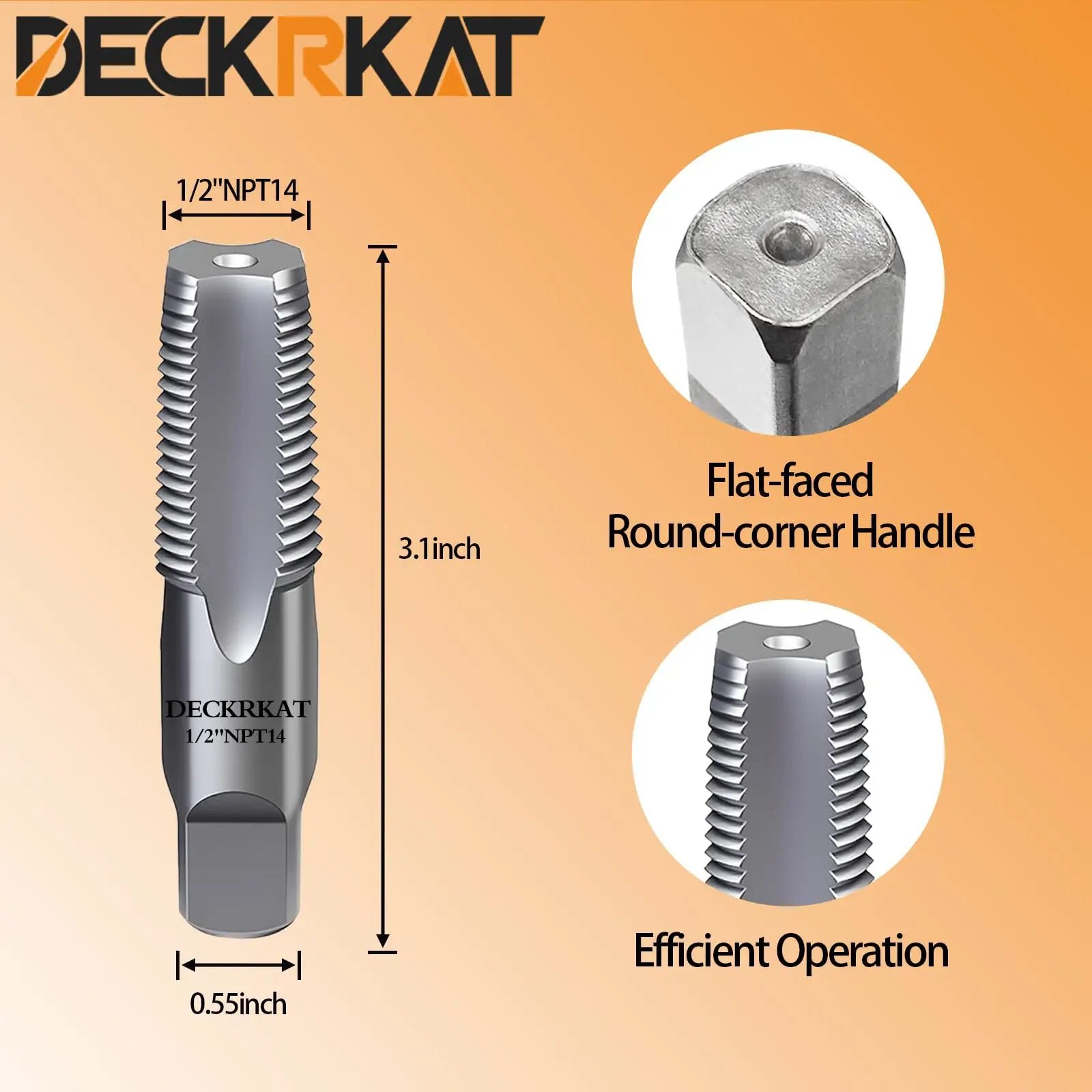 Precision Half Inch NPT Pipe Tap With 14 Threads Per Inch For Plumbers Mechanics And DIY Enthusiasts High Carbon Steel Cutting Tool With Heat Treated Strength Long Lifespan And Protective Case DeckRKAT, showing dimensions and features.