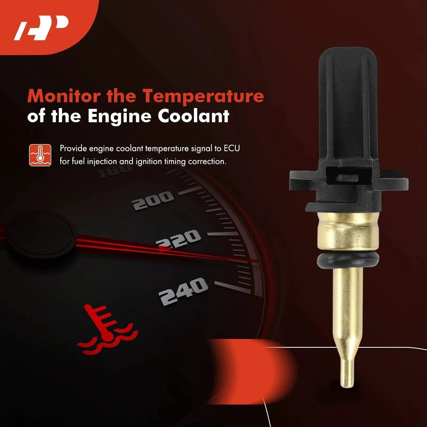 Temperature Sensor Replacement For Jeep Grand Cherokee 2017-2021 And Wrangler 2018-2021, Dodge Durango 2017-2021, Chrysler Pacifica Voyager Ram 1500 Plug-And-Play Ready Direct Fit OEM Quality Sensor, visible with temperature gauge graphic.