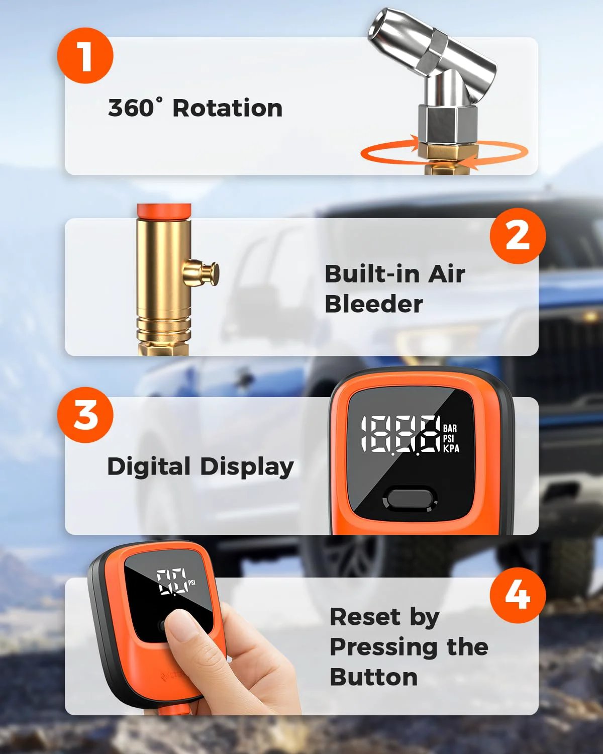 Digital Tire Pressure Gauge With Rubber Hose And Replaceable AA Batteries Delivers 0 To 250 PSI Readings ANSI B40 7 2A High Precision Plus Minus 1 Percent Pro Grade Accuracy For Cars Trucks SUVs And Bicycles demonstrating features like 360° rotation and digital display.