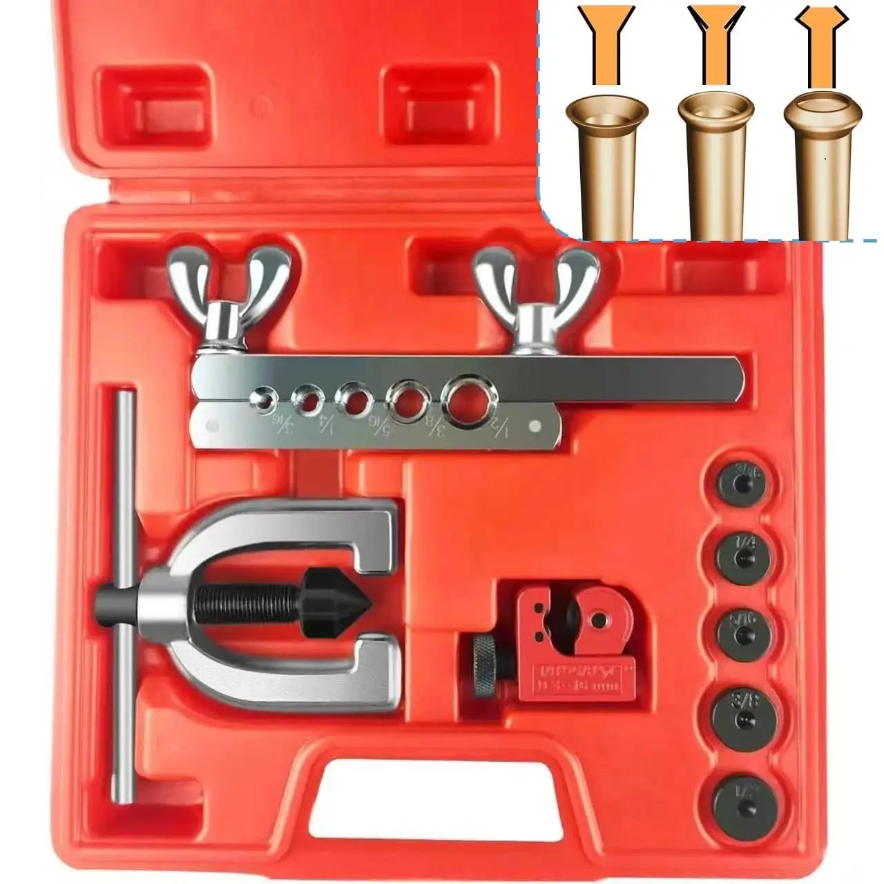Brake Line Flare Kit For Copper And Aluminum Tubing Dual 3/16 To 1/2 Inch in red carrying case