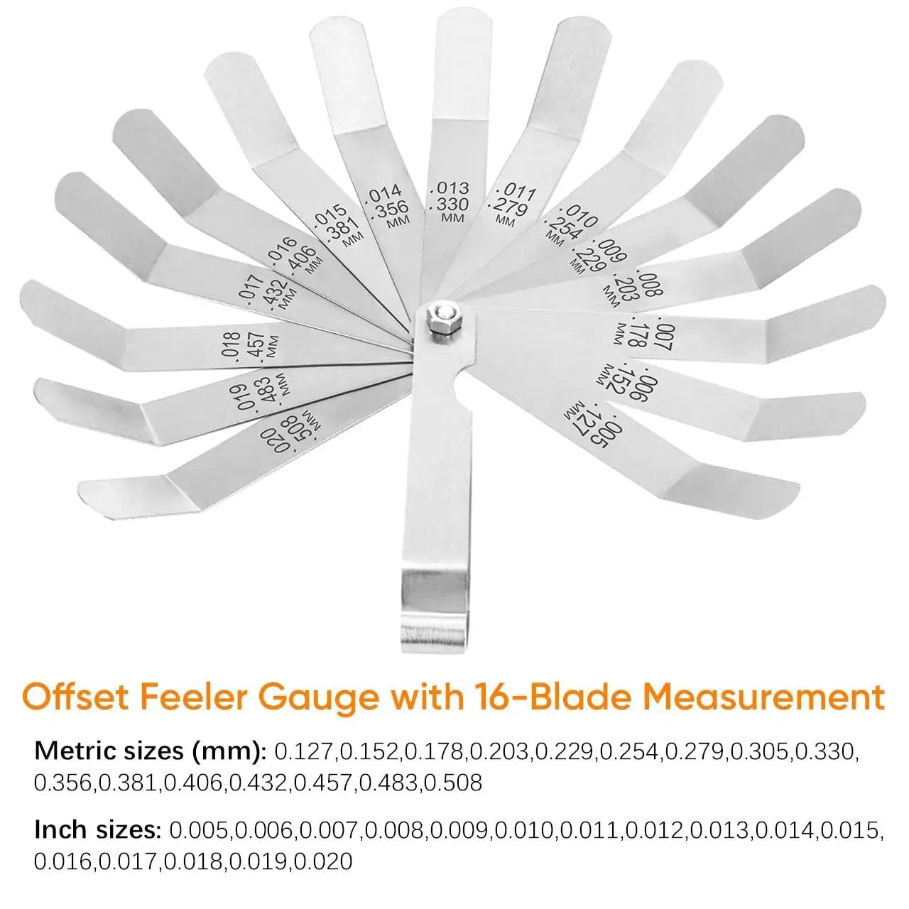 Offset gauge showing 16 blades with SAE and metric markings, part of Two Piece Feeler Gauge Set With 32 Blade Main Gauge And 16 Blade Offset Gauge Dual Marked SAE And Metric Sizes For Precise Mechanical Clearance Measurements Made From 65 Manganese Steel For Tough Wear Resistance And Elasticity.