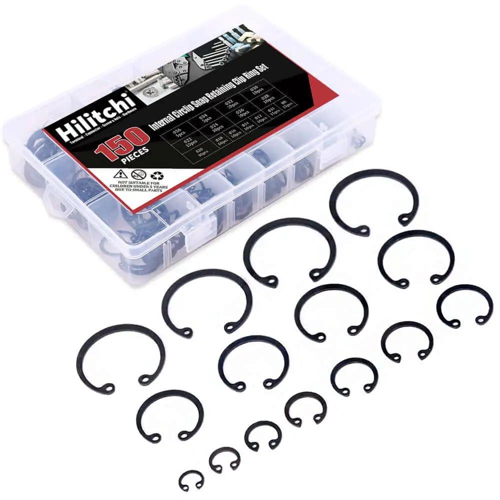 Pro Grade Internal Snap Ring Kit Set 150 Piece Alloy Steel Retaining Clip Ring Assortment In 15 Sizes From 8mm To 36mm For Automotive And Machinery Use Corrosion Resistant And High Temperature Endurance Easy Selection For DIY Projects shown with clear case and assorted sizes