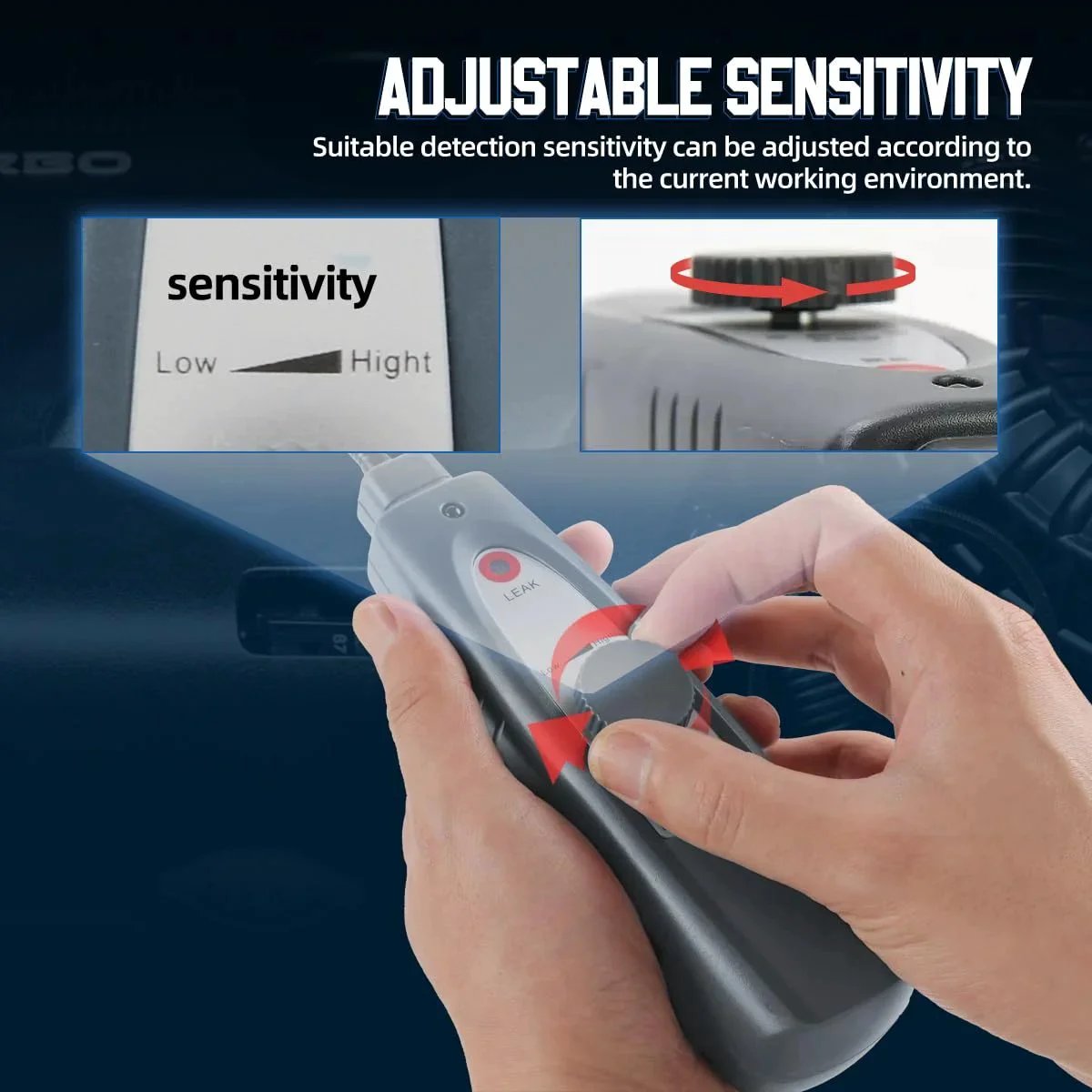 Hands adjusting sensitivity knob on Ultrasonic Leak Detector With Headphones Included For Steam Pipes And Automotive Noise Finding 40KHz Plus Or Minus 2KHz Range Adjustable Sensitivity 420Millimeter Probe High Sensitivity Sensor