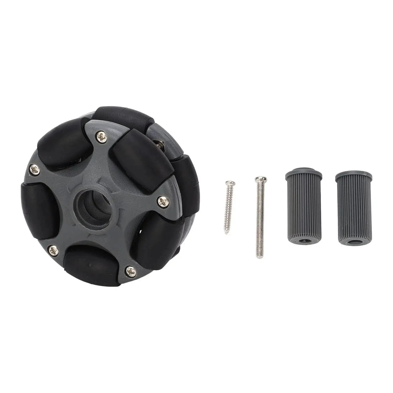 Omni Directional 58mm Plastic Wheel With Double Row 360 Degree Rotation, screws, and components for robots in black and grey.