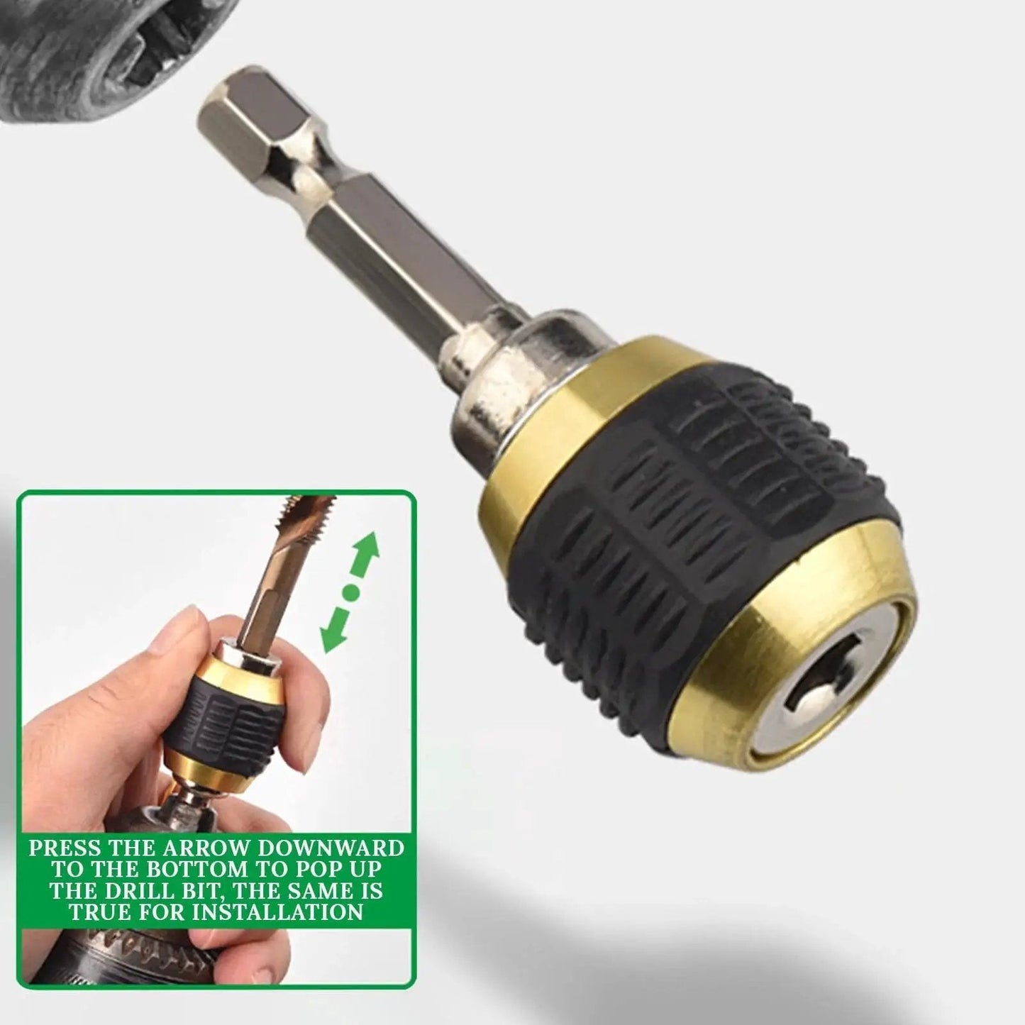 Close-up of Quick Release Hex Shank Bit Holder with Self Locking Magnetic Drill Extension, silver and black, showing hand usage guide.