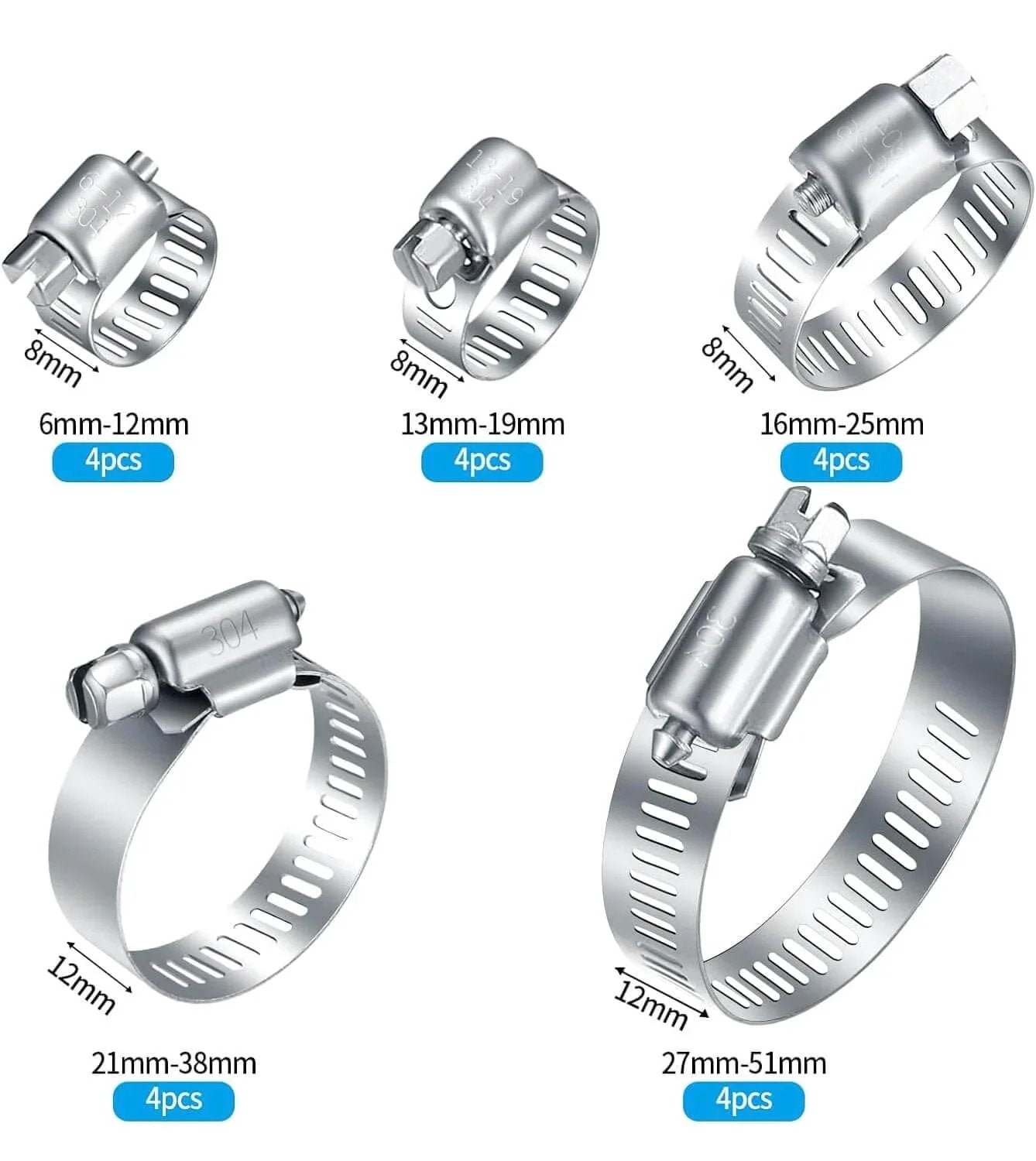 20Pcs Adjustable Stainless Steel Hose Clamps Assortment Kit For One Quarter Inch To Two Inch Clamps 6 To 51 Mm Worm Gear Pipe Clips