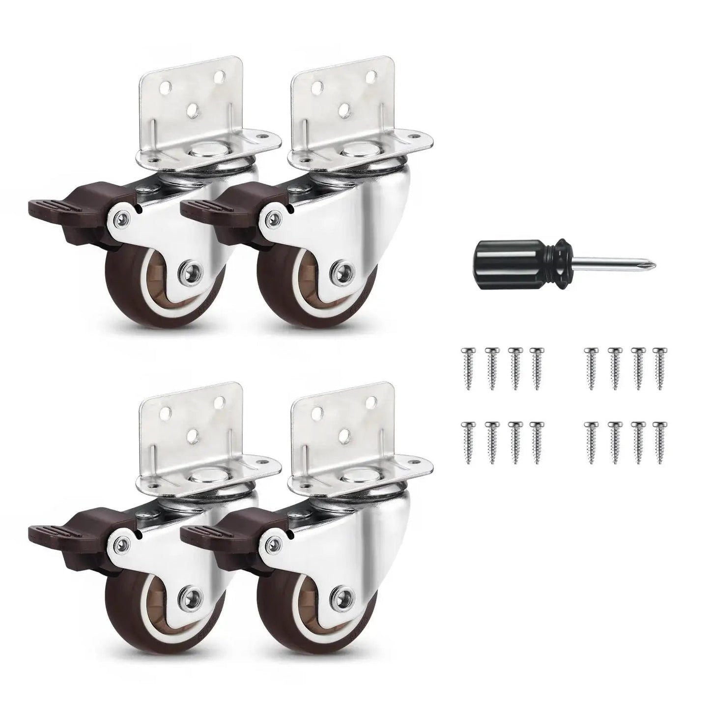 1.5 Inch Swivel Plate TPE Caster Wheels Pack Of 4 With Brake Low Profile L Bracket Casters and screws for crib table shelf TV stand.