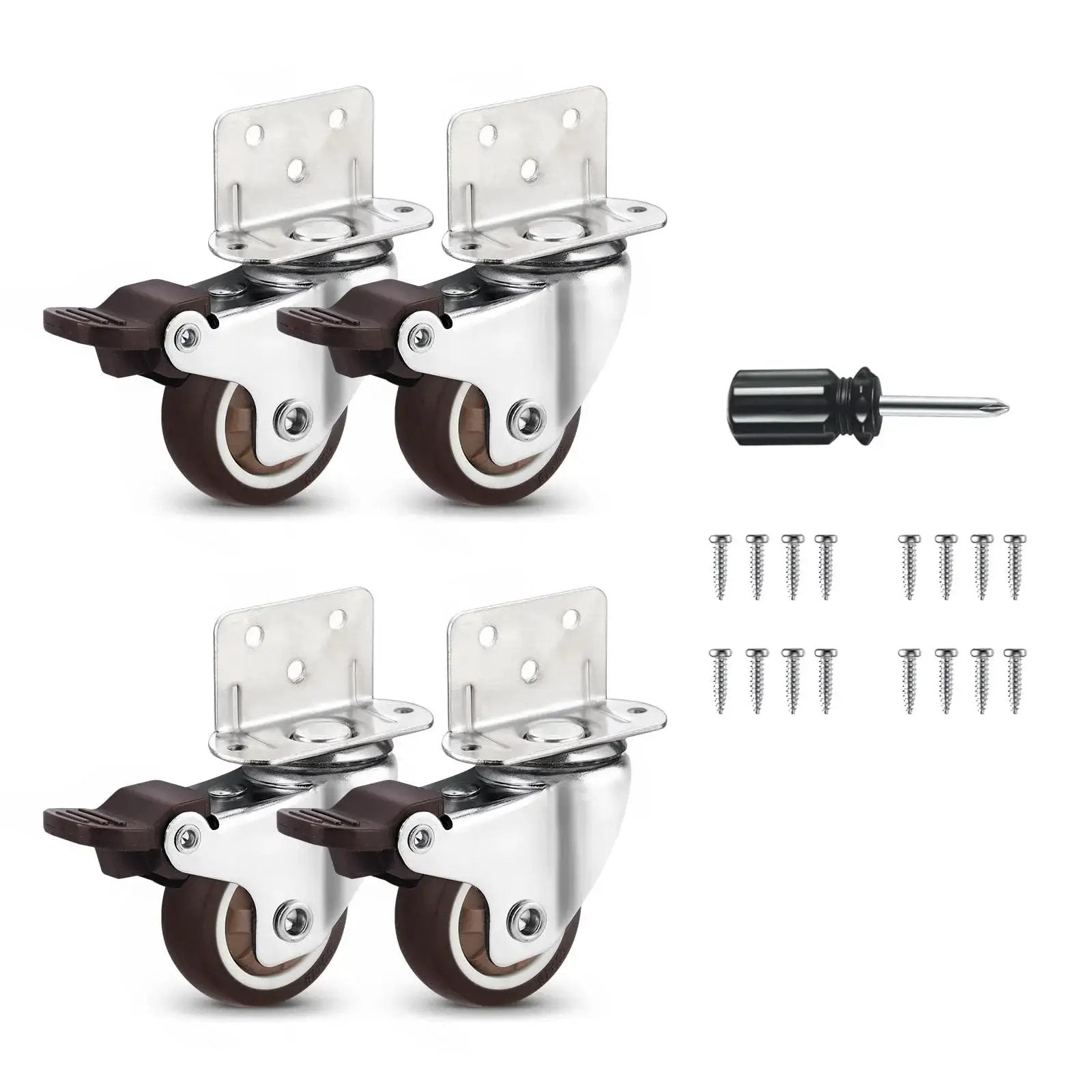 1.5 Inch Swivel Plate TPE Caster Wheels Pack Of 4 With Brake Low Profile L Bracket Casters and screws for crib table shelf TV stand.