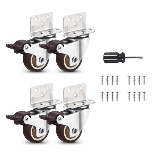 1.5 Inch Swivel Plate TPE Caster Wheels Pack Of 4 With Brake Low Profile L Bracket Casters and screws for crib table shelf TV stand.