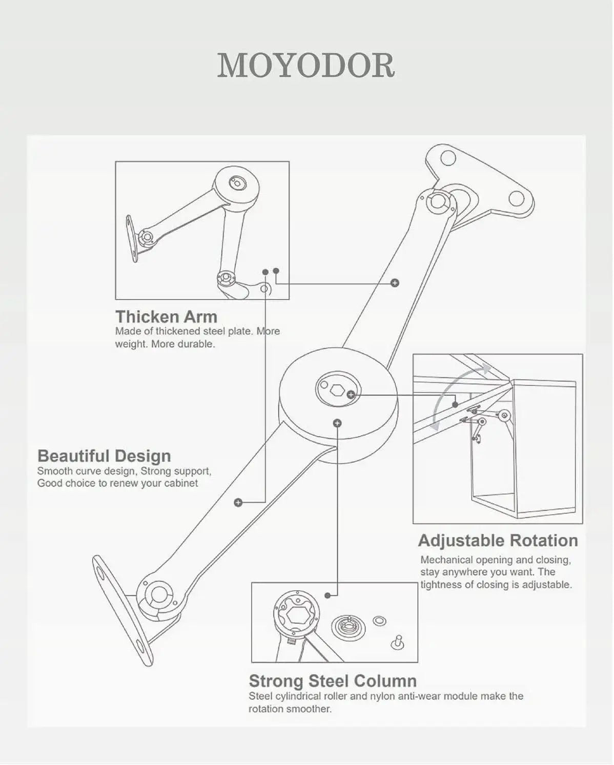 Heavy Duty Lid Stay Hinges For Cabinets And Toy Boxes, 110 Degree Folding Lid Support with Adjustable Rotation Diagram