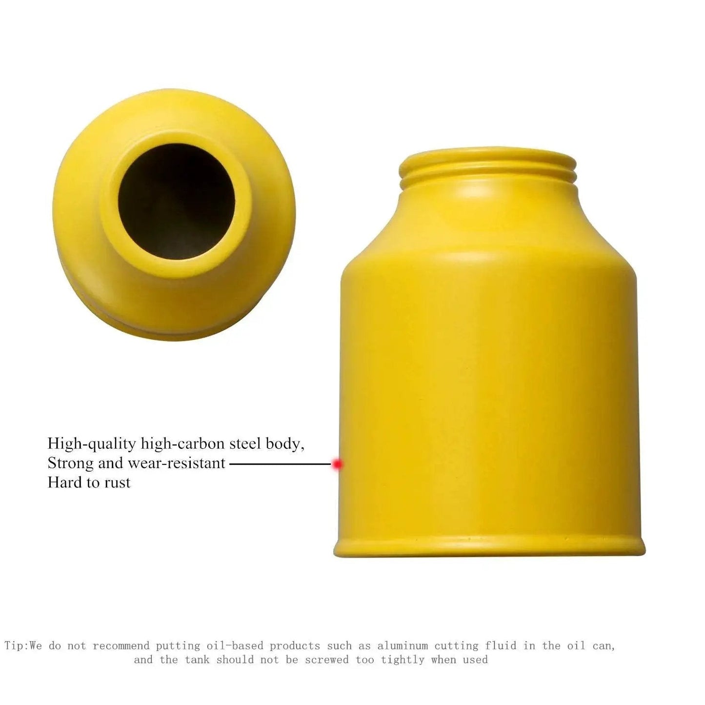 Durable Yellow Metal Oiler Can With Dual Spouts And Built In Pump 8oz 250ml shown disassembled with top and body visible.