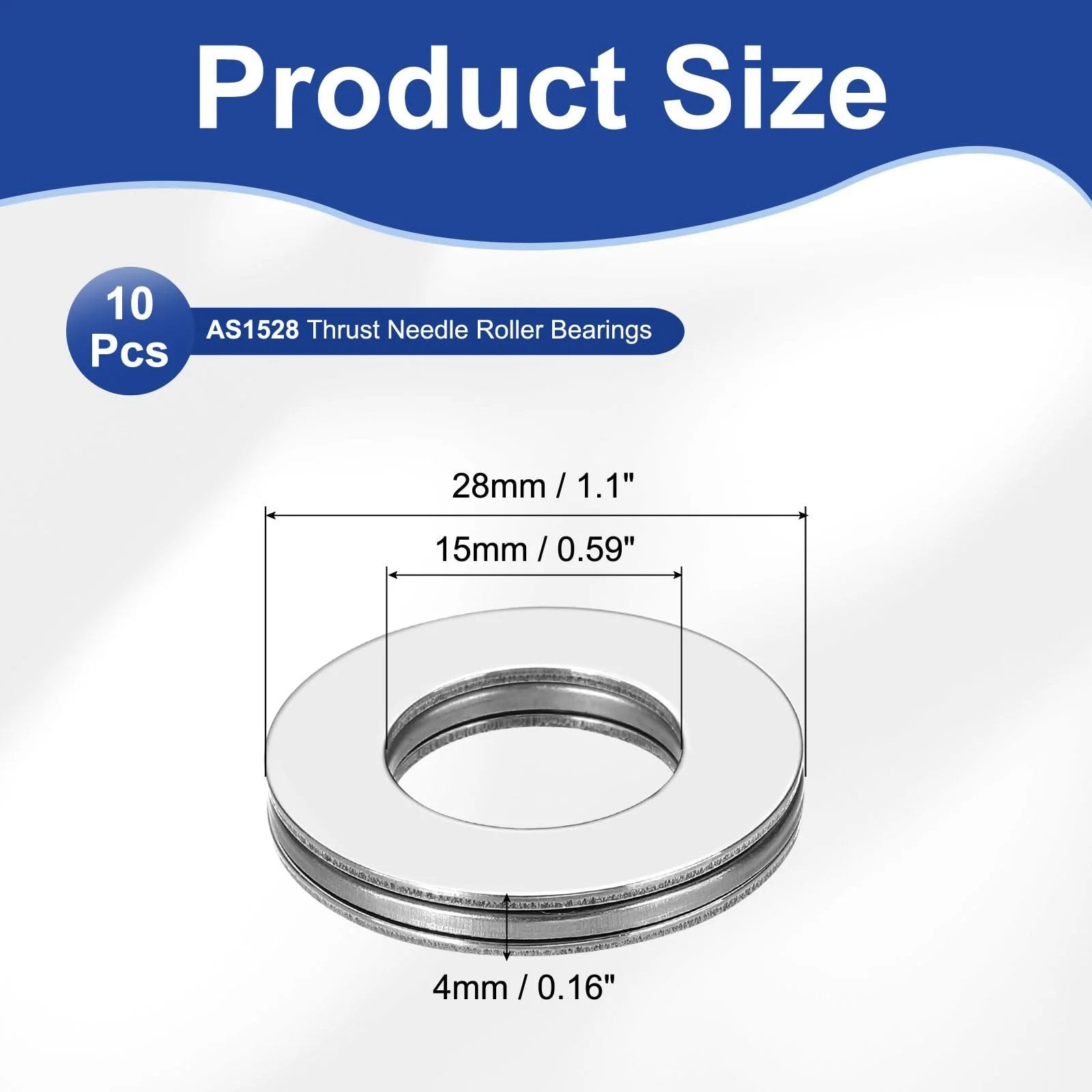 Thrust Needle Roller Bearing Set 15x28x4mm With Washers for Heavy Duty Conveyor Systems and Machine Tools, 10 Pcs Chrome Steel.
