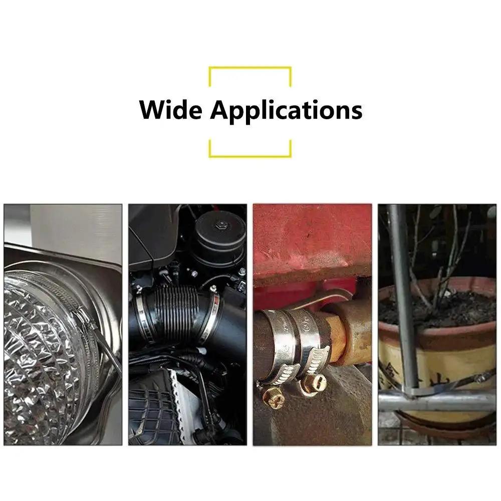 Heavy Duty Stainless Steel Hose Clamp Set For Marine And Auto Use 25 Pack 16-25mm 5/8-1 Inch Adjustable Worm Gear Clamps shown in various applications.