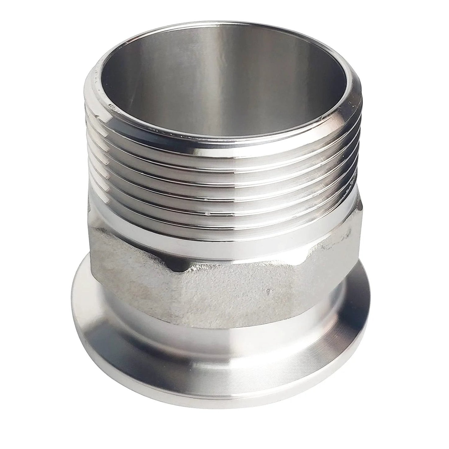 1.5 Inch Sanitary Tri Clamp To 1-1/4 Inch NPT Male Hex Thread Adapter In 304 Stainless Steel, front view