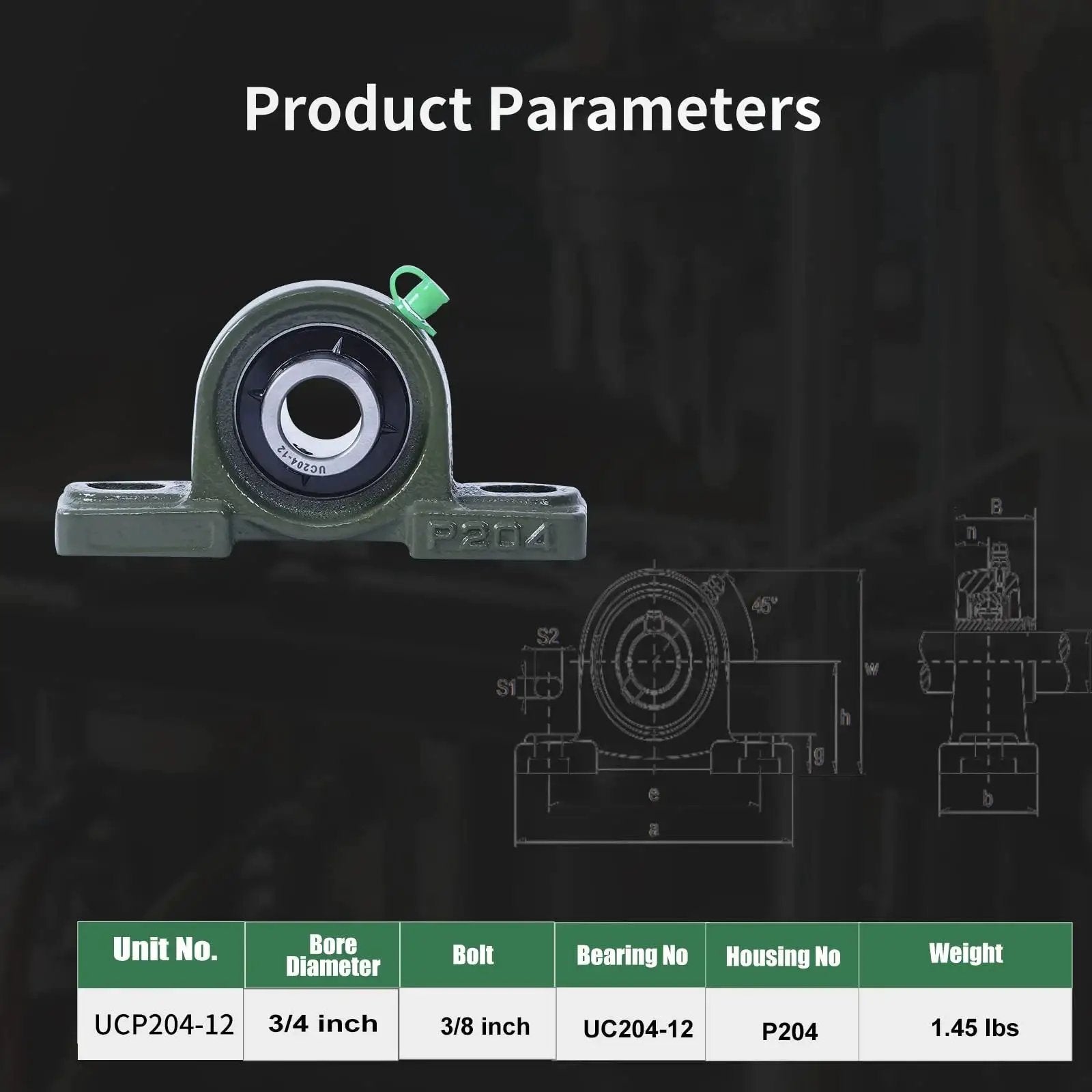 Heavy Duty And Tough As Nails Pillow Block Bearing For Three Quarter Inch Shafts And Two Hole Mount UCP204-12 front view