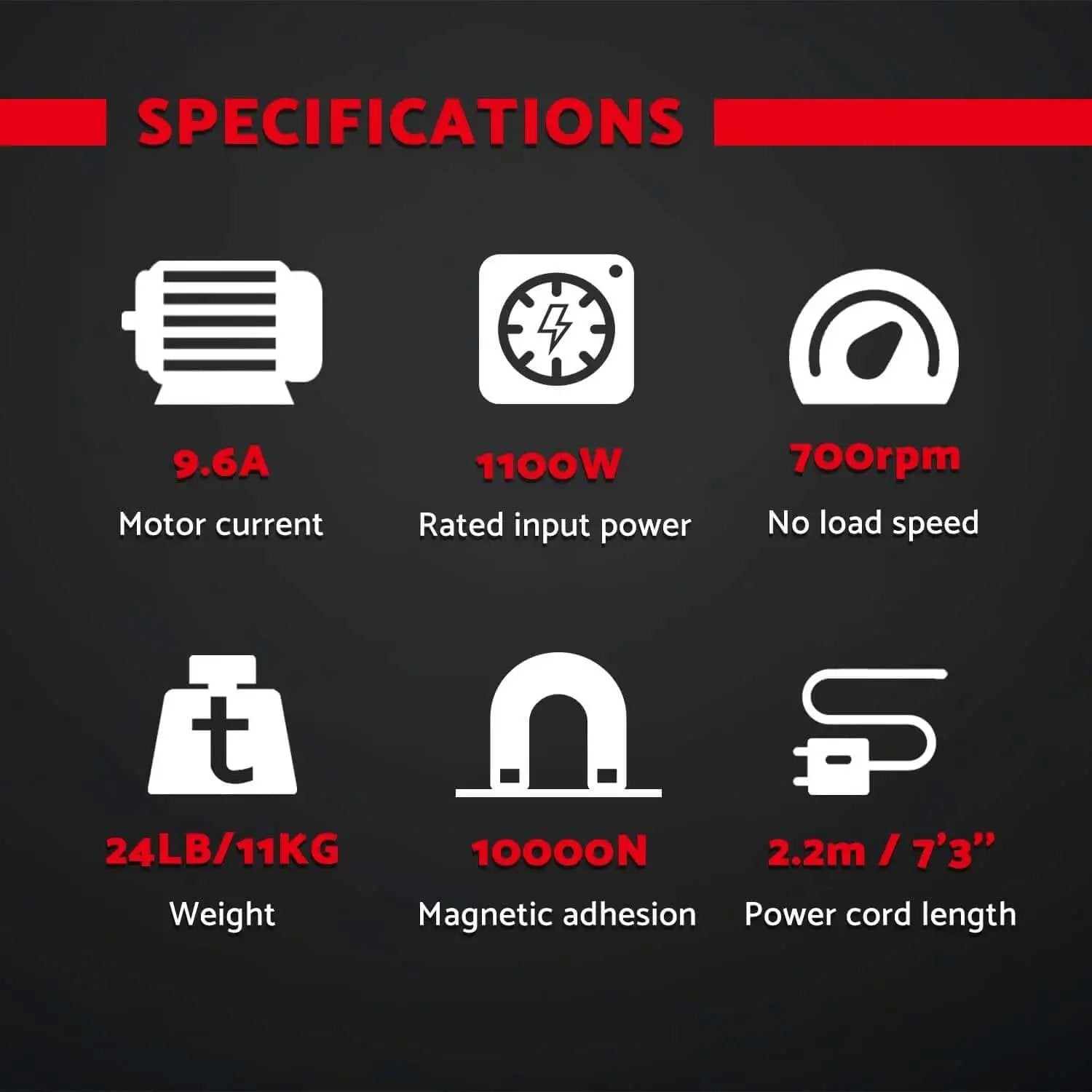 Specifications for Magnetic Drill Press Kit 1100W Portable, 700 RPM No Load, 24lb weight, 10,000N magnetic adhesion, 2.2m cord.