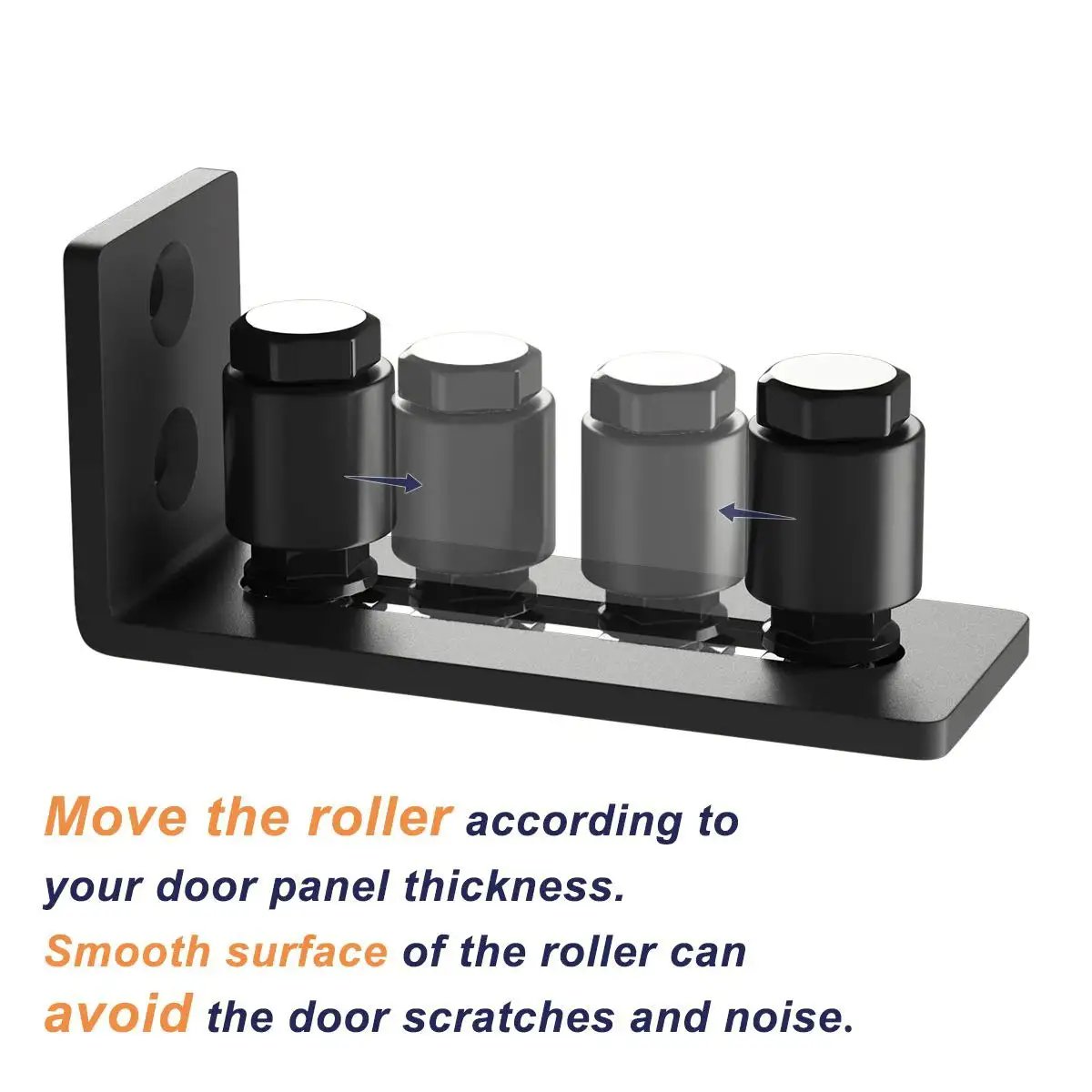 Sliding Barn Door Bottom Adjustable Floor Guide Roller Set Black For Quiet Smooth Operation, Easy To Install, Includes 2 Rollers And Hardware, Durable Steel And Nylon Construction For Long Lasting Performance, showing adjustable rollers in black steel frame.