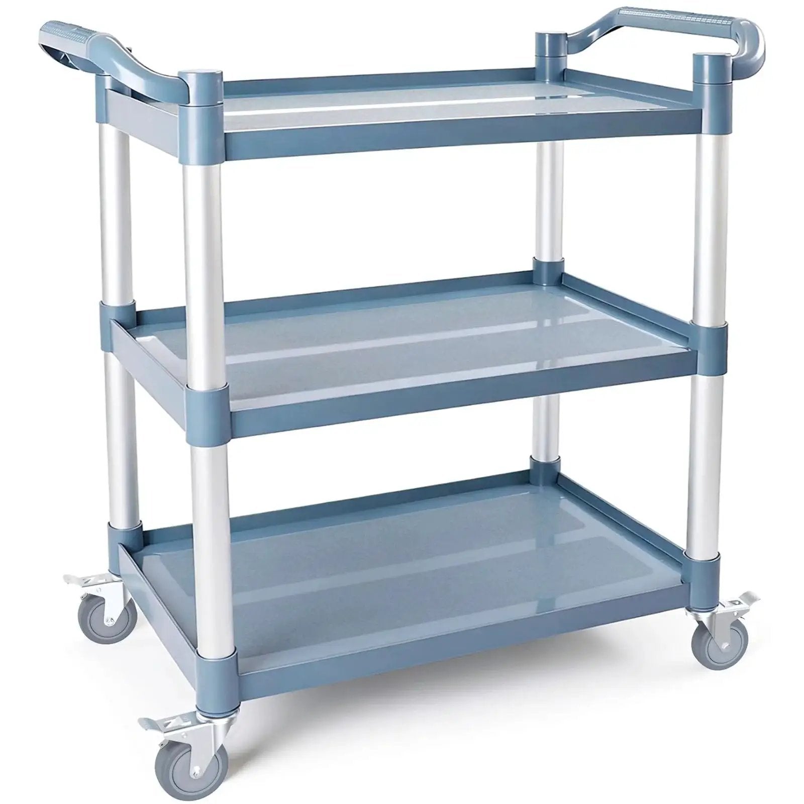 Three Tier Rolling Utility Cart On Wheels With 510 Lbs Capacity And Four Lockable Swivel Casters, durable blue cart side view