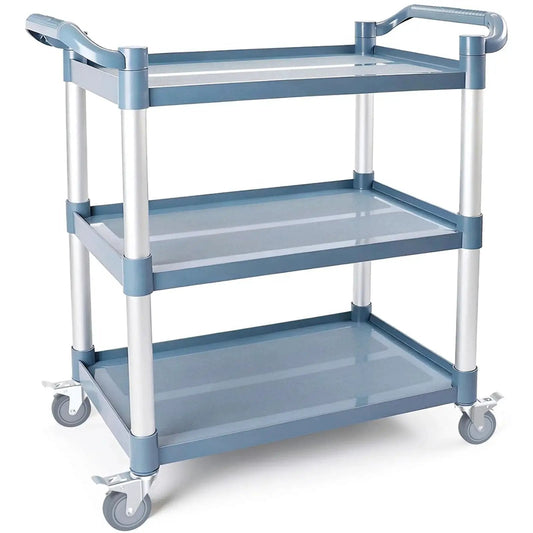 Three Tier Rolling Utility Cart On Wheels With 510 Lbs Capacity And Four Lockable Swivel Casters, durable blue cart side view