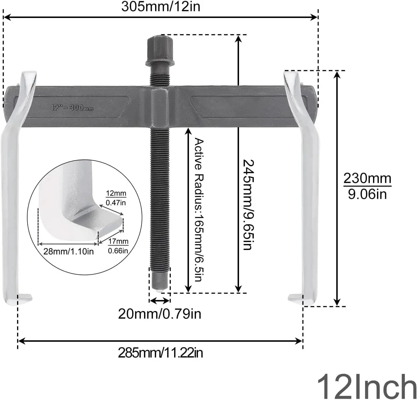 12 Inch Two Jaw Gear Puller With Adjustable Clamping Depth And Reversible Pulling Action, chrome vanadium steel, measurement details shown