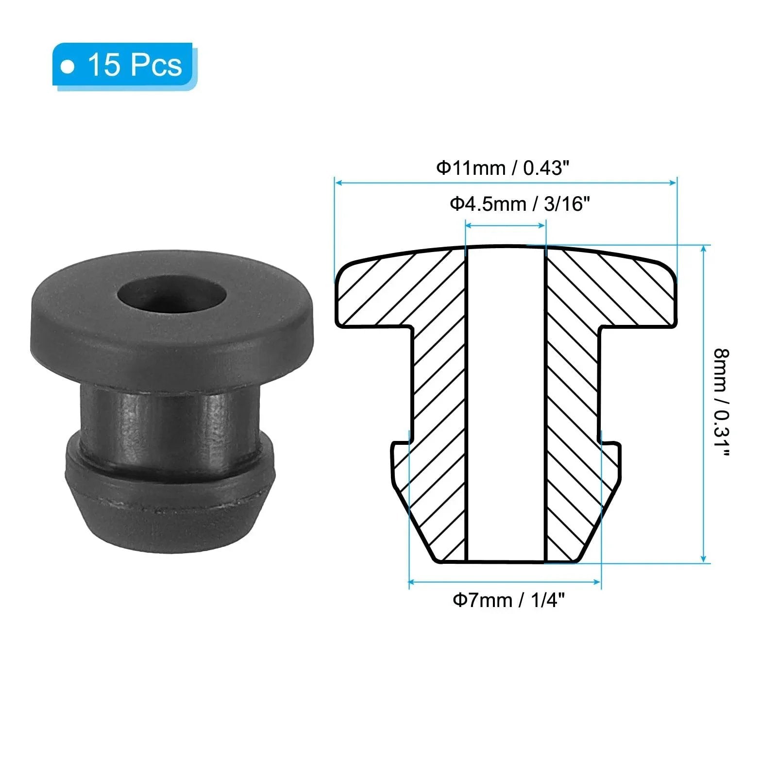 Top Hat Rubber Grommets For Wiring 7mm Drill Hole Inner Diameter 3/16 Inch, Outer Diameter 11mm, 15 Pcs Black Silicone Diagram
