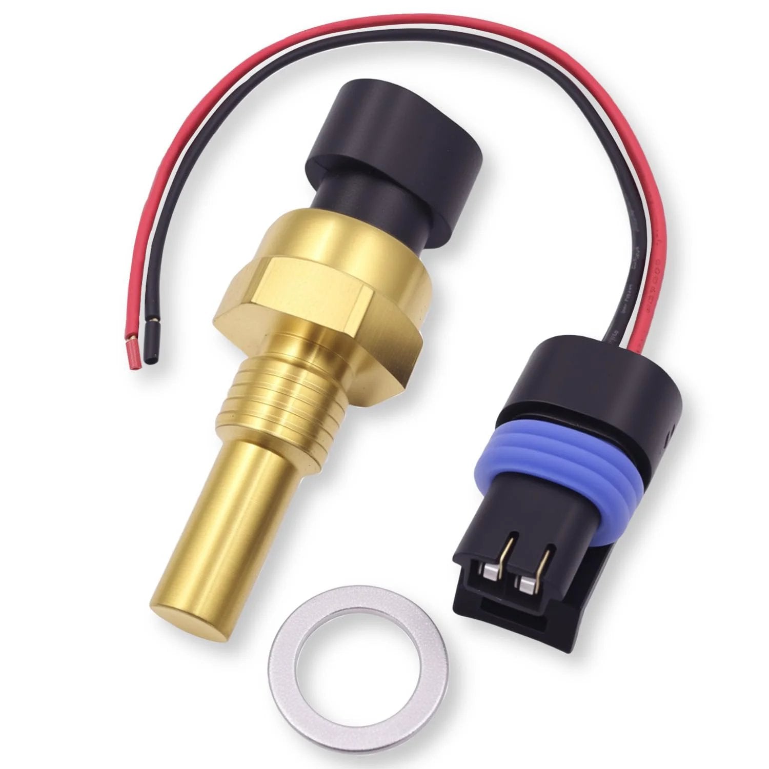 Engine Coolant Temperature Sensor For GM Cars Including Chevrolet Silverado Suburban Equinox Tahoe Malibu Camaro Corvette GMC Sierra Yukon Terrain With Connector Drop In Replacement For Accurate Readings And Reliable Engine Performance shown with brass body and connector.
