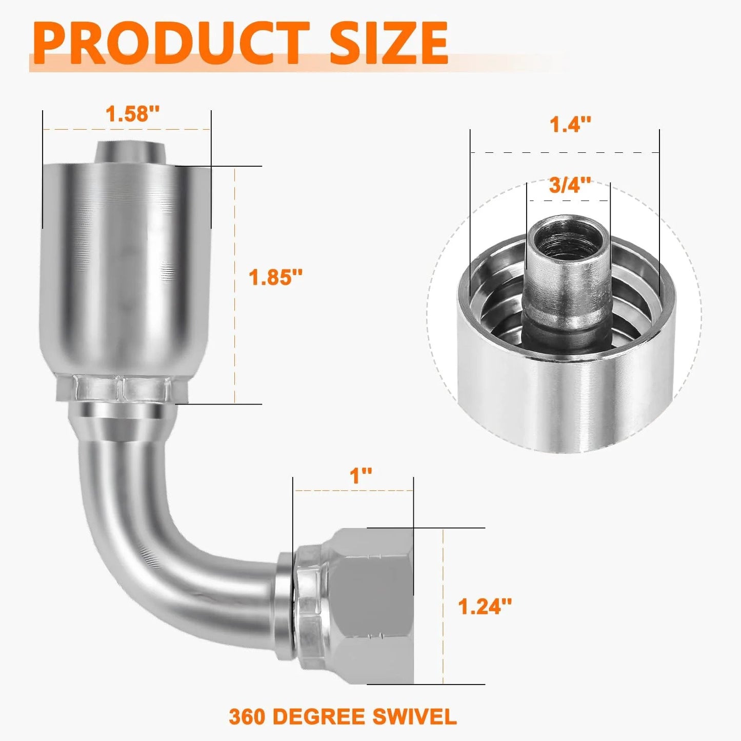 Product size diagram of 14 Piece Hydraulic Fittings Kit 3/4 Inch Hose To 3/4 Inch JIC 37 Degree Female 90 Degree Swivel Elbow.