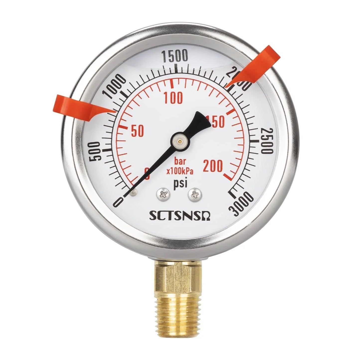 Glycerin Filled 0 To 3000 Psi Pressure Gauge, Two And A Half Inch Dial, Lower Mount One Quarter Inch NPT, Stainless Steel Case by SCTSNSR