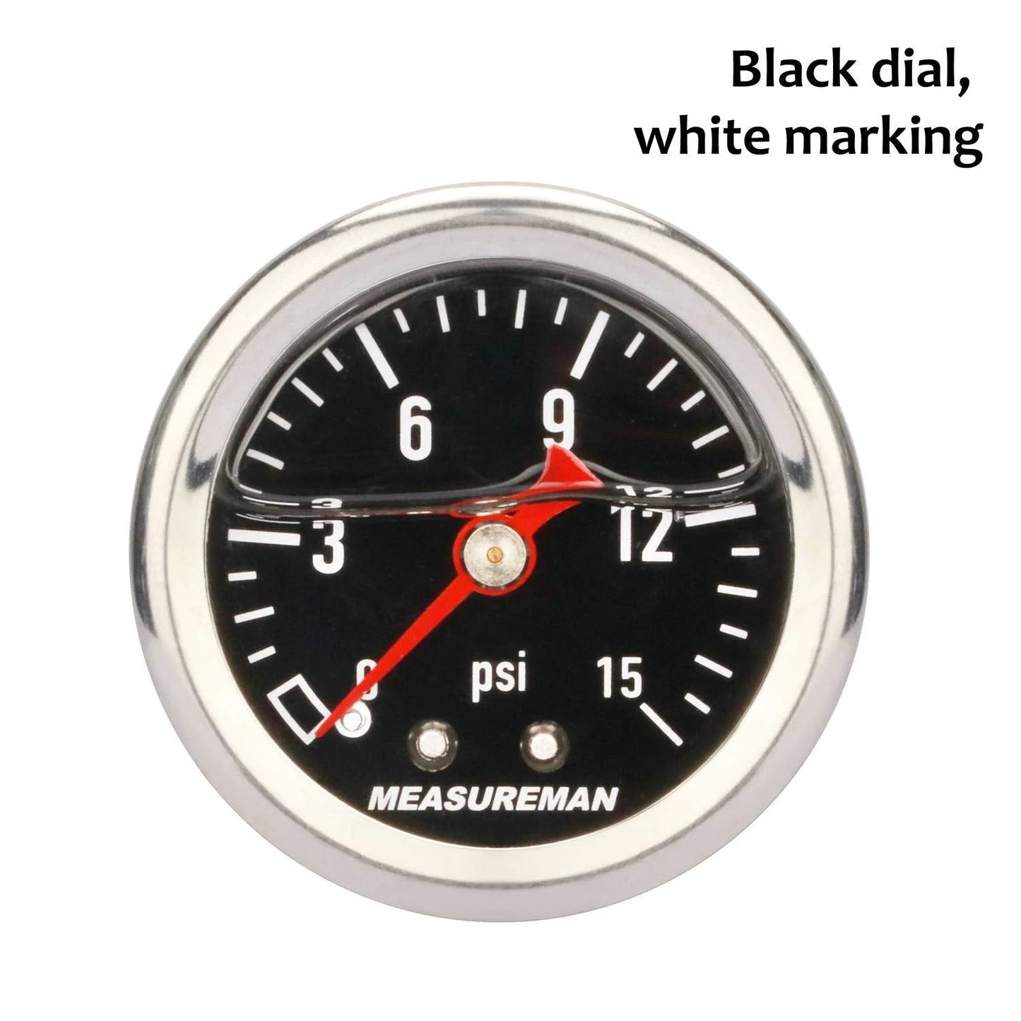 Liquid Filled Fuel Pressure Gauge, 1.5 Inch Black Dial, 304 Stainless Steel Case, Brass Wetted Parts, 0-15 PSI scale