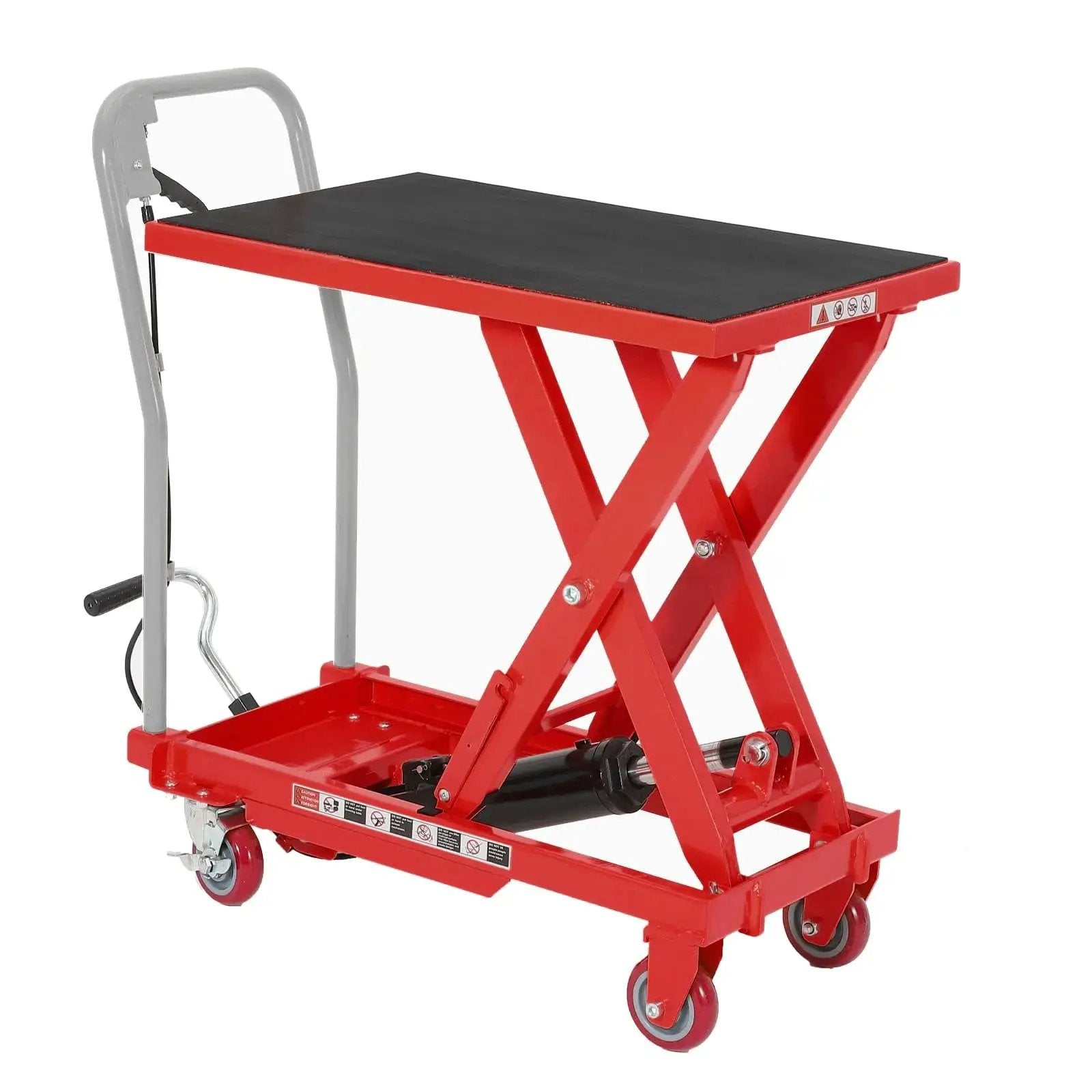 Heavy Duty Hydraulic Lift Table Cart 1100LB Capacity With 32 Inch Lift Height in red with carbon steel frame on casters.