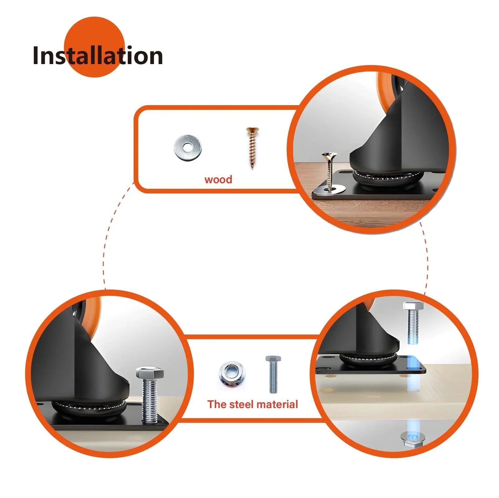 Installation overview of 3 Inch Heavy Duty Caster Wheels Set Of 4 In Orange Polyurethane For Industrial Use on wood and steel surfaces.